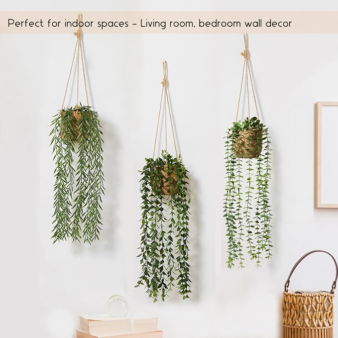 3 Pack Artificial Hanging Plants in Boho Handwoven Baskets