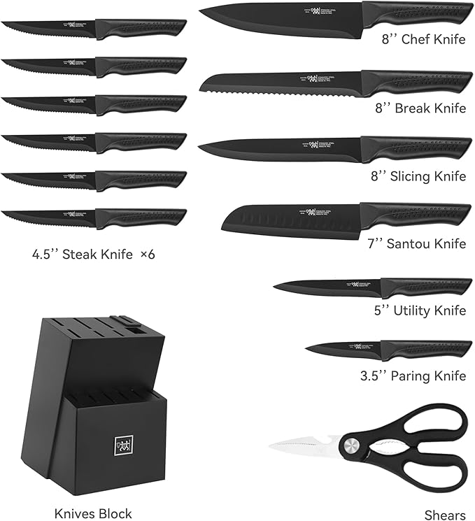 Knife Set, 15 Pcs Kitchen Knife Set with Block Self Sharpening