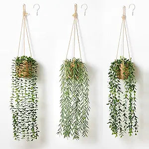 3 Pack Artificial Hanging Plants in Boho Handwoven Baskets